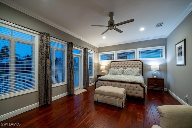 bedroom with ornamental molding, dark hardwood / wood-style flooring, and ceiling fan