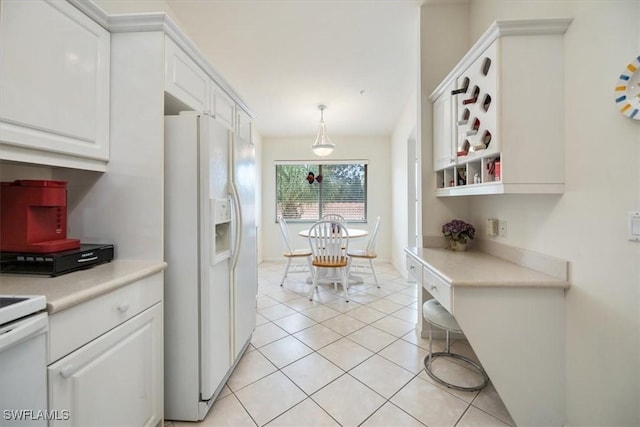 kitchen with open shelves, light countertops, light tile patterned flooring, white cabinetry, and white appliances