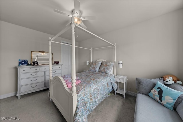 bedroom featuring carpet flooring and ceiling fan