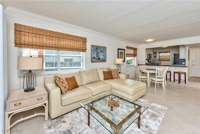 living room with light tile patterned floors and ornamental molding