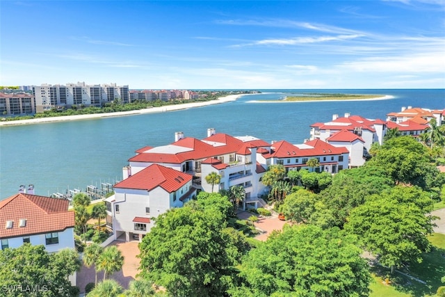 aerial view featuring a water view