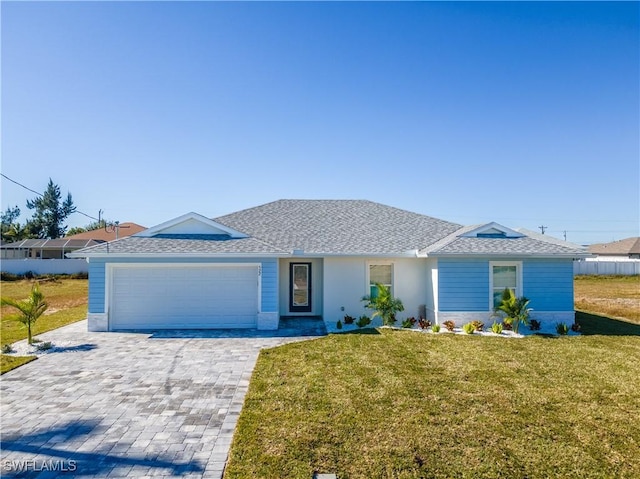 ranch-style house featuring a front lawn, decorative driveway, an attached garage, and a shingled roof