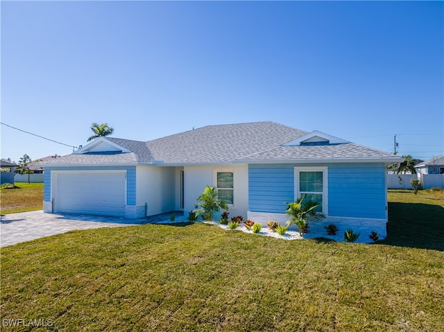 single story home featuring a garage and a front lawn