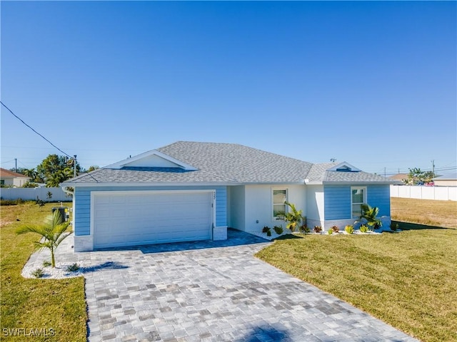 ranch-style home featuring an attached garage, fence, roof with shingles, decorative driveway, and a front yard