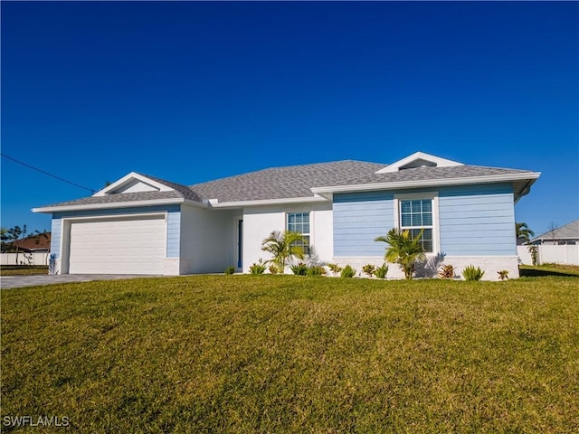 ranch-style house featuring an attached garage, concrete driveway, a front lawn, and a shingled roof