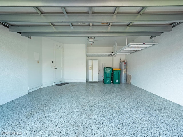 garage with electric water heater and white refrigerator with ice dispenser