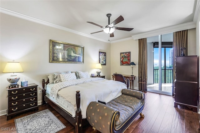 bedroom featuring crown molding, dark hardwood / wood-style floors, access to exterior, and ceiling fan