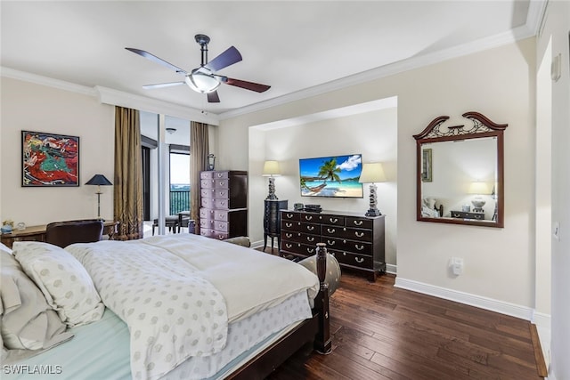 bedroom featuring crown molding, dark hardwood / wood-style floors, and ceiling fan