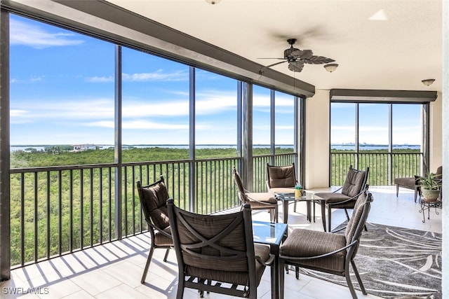 sunroom / solarium featuring ceiling fan