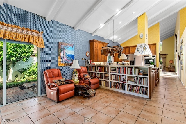 living area featuring lofted ceiling with beams and light tile patterned floors