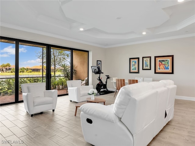 living room featuring ornamental molding, light wood-type flooring, and a tray ceiling