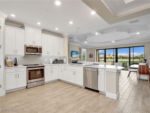 kitchen with appliances with stainless steel finishes, white cabinetry, and kitchen peninsula