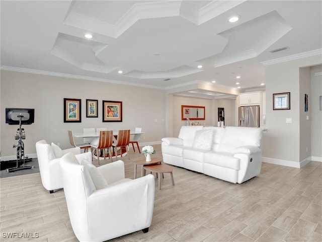 living room featuring light wood-type flooring and crown molding