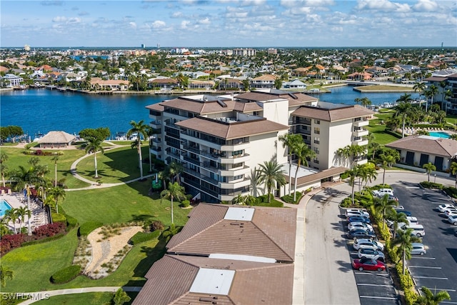 drone / aerial view featuring a water view