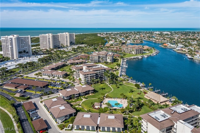 drone / aerial view with a water view