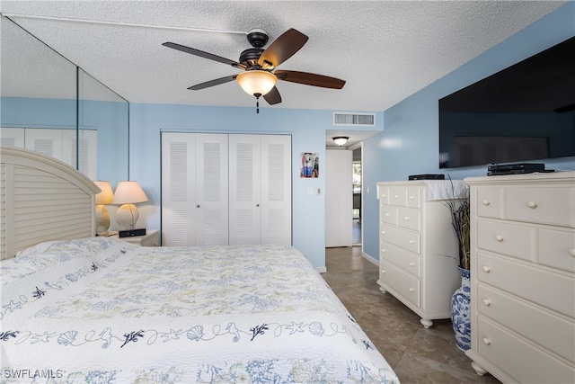 bedroom with a textured ceiling and ceiling fan