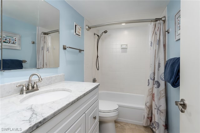 full bathroom featuring shower / bathtub combination with curtain, tile patterned flooring, vanity, and toilet