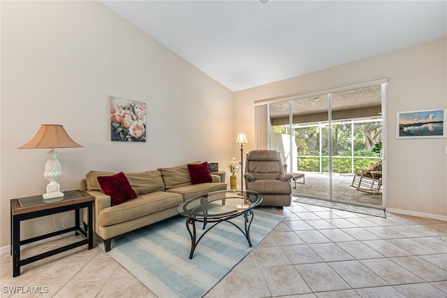 tiled living room with vaulted ceiling