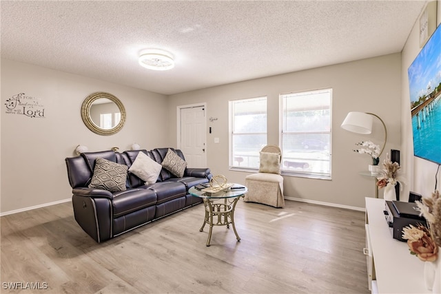 living room with light wood-type flooring and a textured ceiling