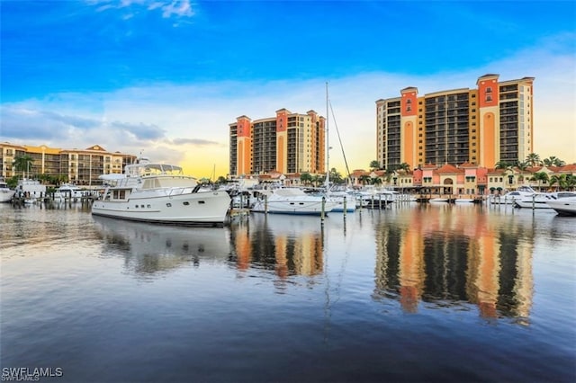 view of water feature with a boat dock and a view of city