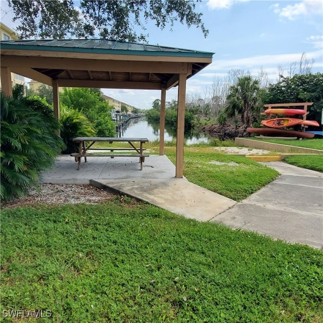 view of yard with a water view and a gazebo