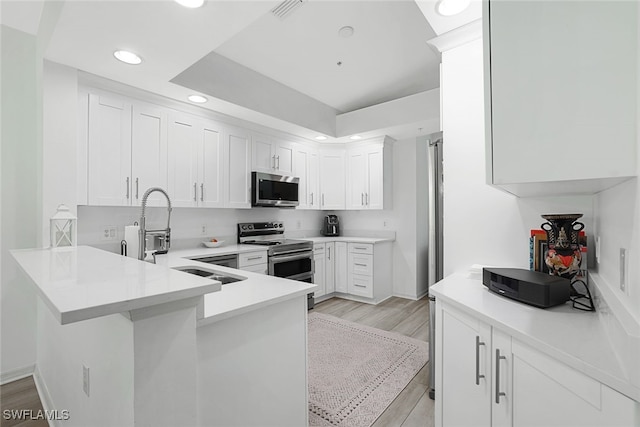 kitchen featuring kitchen peninsula, appliances with stainless steel finishes, sink, and white cabinetry