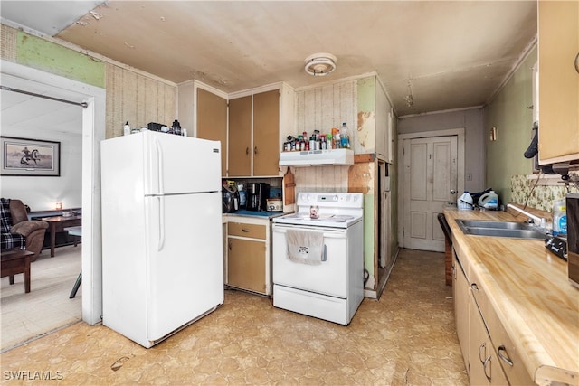 kitchen with white appliances, butcher block countertops, and sink