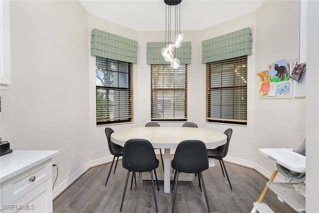 dining space with wood-type flooring