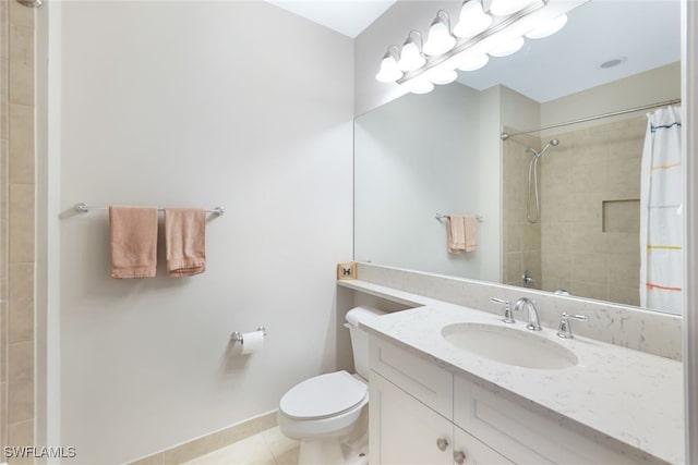 bathroom with vanity, curtained shower, toilet, and tile patterned floors