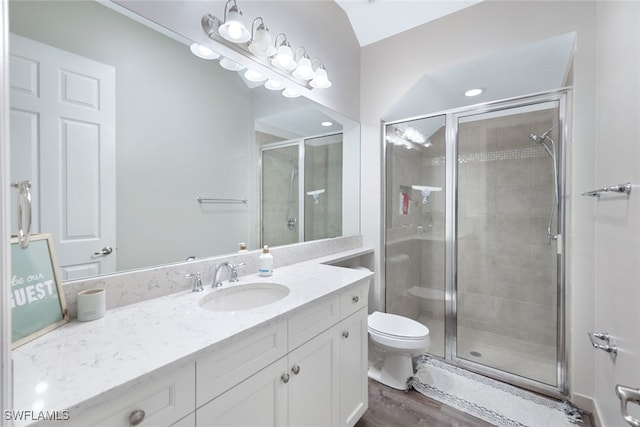 bathroom with vanity, toilet, wood-type flooring, and walk in shower