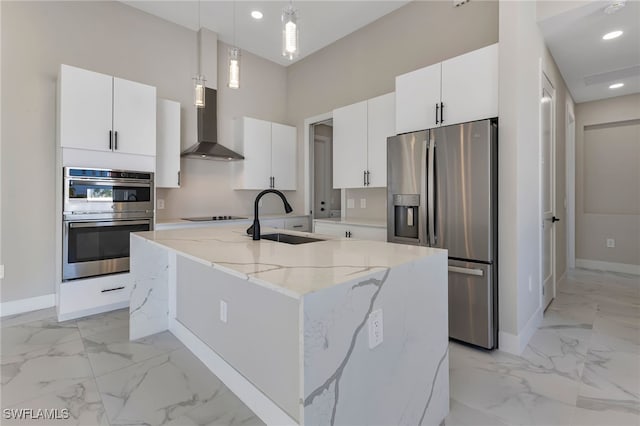 kitchen with stainless steel appliances, white cabinets, hanging light fixtures, and sink