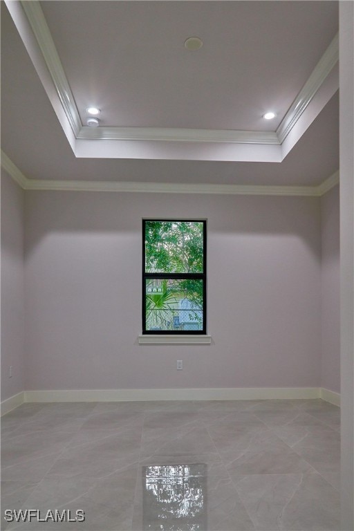 spare room with a raised ceiling and ornamental molding