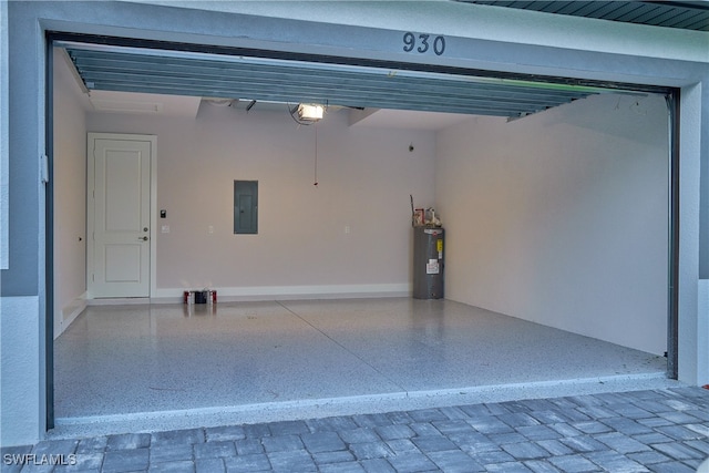 garage with a garage door opener, water heater, and electric panel