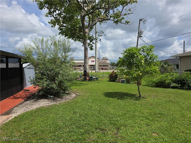 view of yard featuring a shed