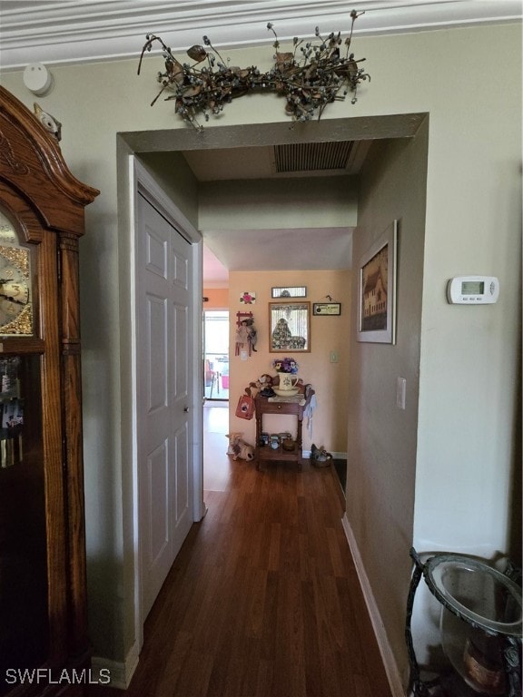 hallway with dark hardwood / wood-style flooring