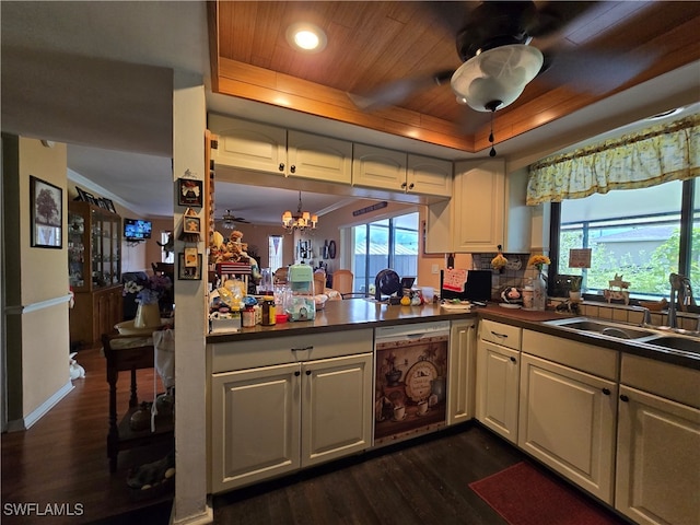 kitchen featuring a healthy amount of sunlight, kitchen peninsula, and dark wood-type flooring