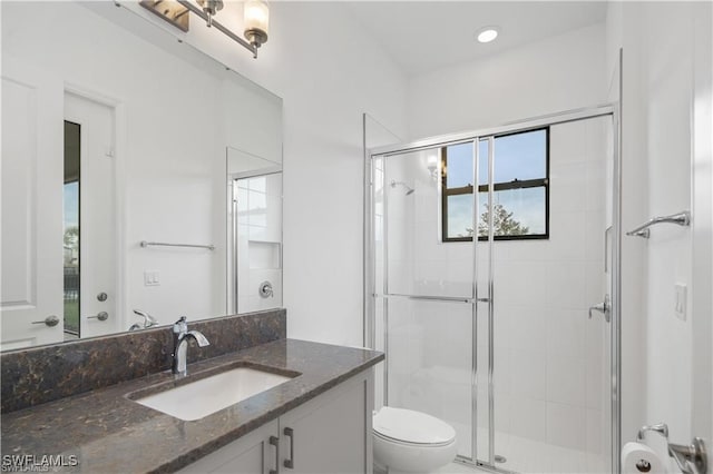 bathroom with vanity, a shower with door, and toilet