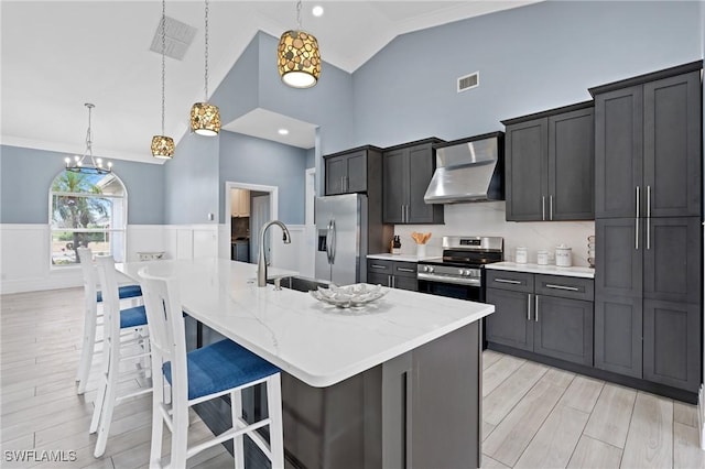 kitchen featuring sink, wall chimney exhaust hood, hanging light fixtures, a kitchen island with sink, and appliances with stainless steel finishes