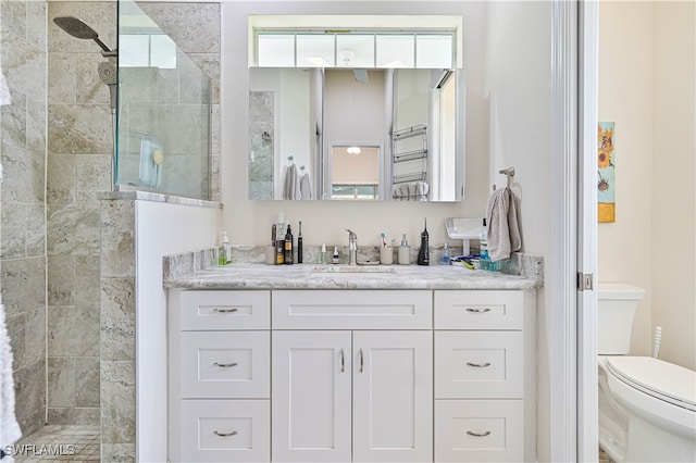 bathroom with a tile shower, a wealth of natural light, vanity, and toilet