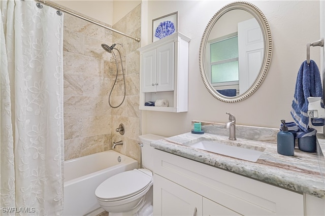 full bathroom with vanity, toilet, and shower / bathtub combination with curtain