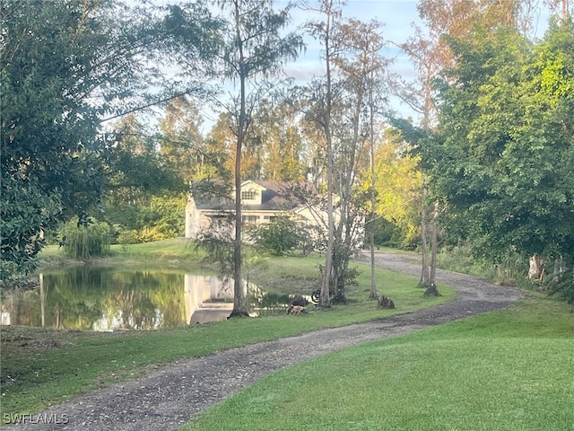 view of community featuring a lawn and a water view