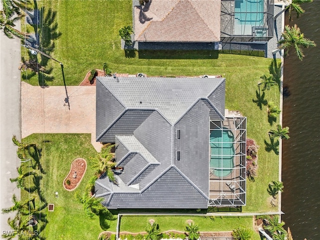 aerial view featuring a water view