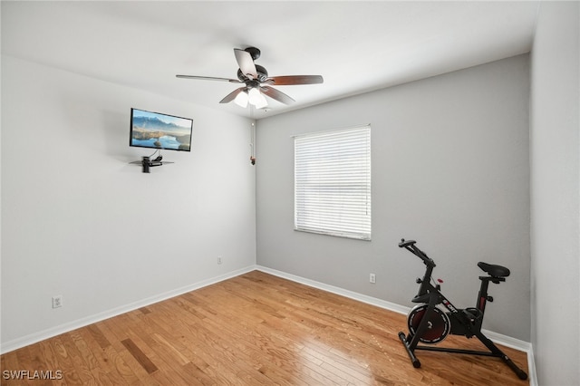 exercise room featuring ceiling fan and wood-type flooring