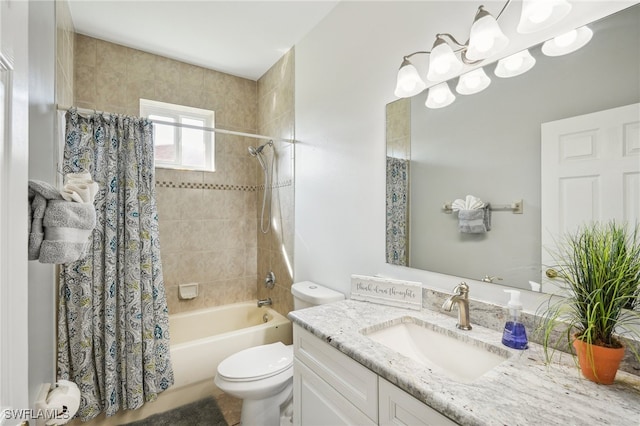 full bathroom with vanity, toilet, and shower / bathtub combination with curtain