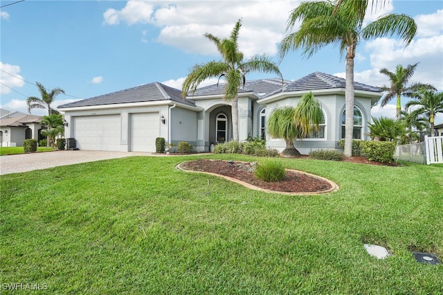 view of front facade with a garage and a front lawn