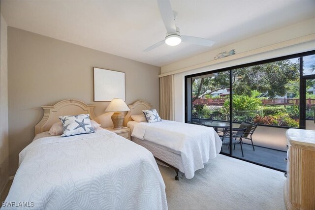 bedroom featuring light carpet, access to outside, and ceiling fan