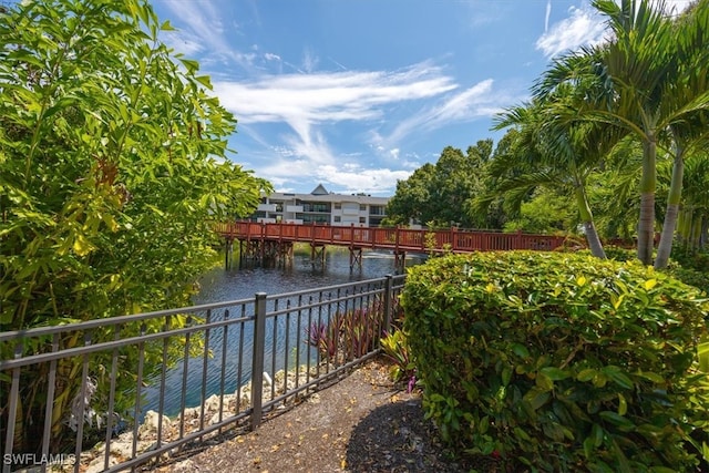 exterior space with a water view