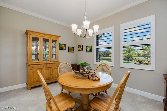 tiled dining room featuring a notable chandelier and crown molding