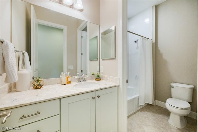 full bathroom featuring toilet, vanity, and shower / tub combo with curtain