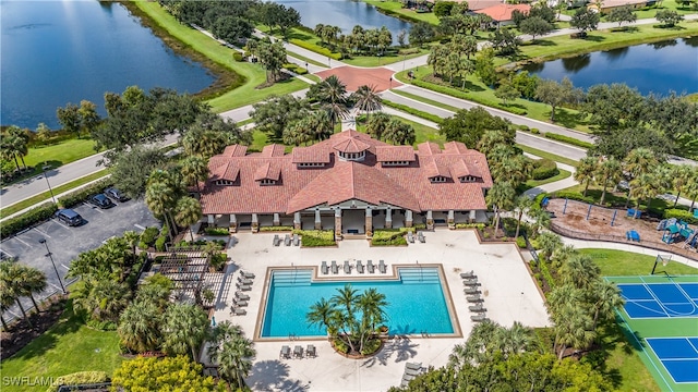 aerial view featuring a water view